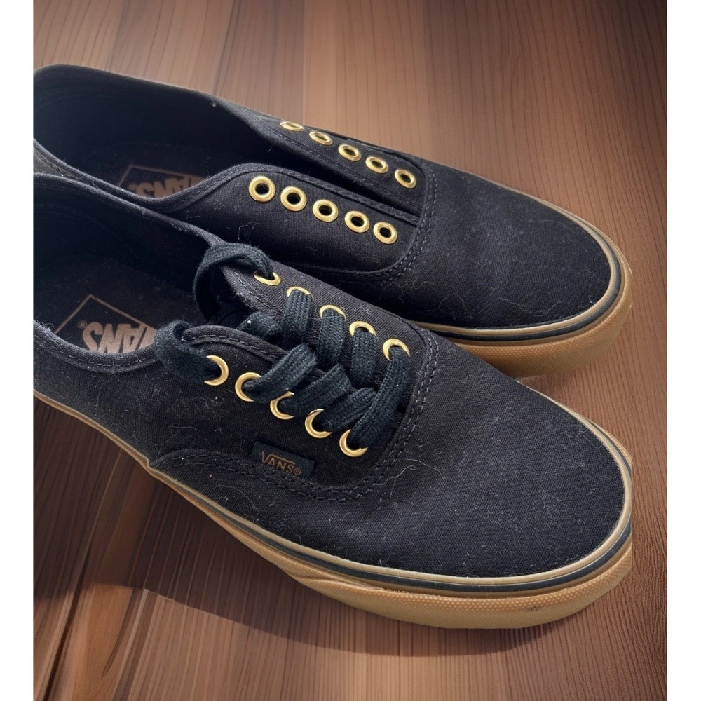 Vans Men 7 Women 9 LaceUp Skateboard Shoes Canvas Black Gold Eyelet Gum Sole New